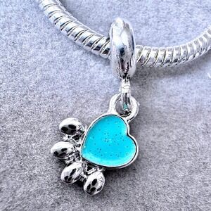 Turquoise Blue‎ Glitter Heart Paw Print Dangle Charm fits PANDORA